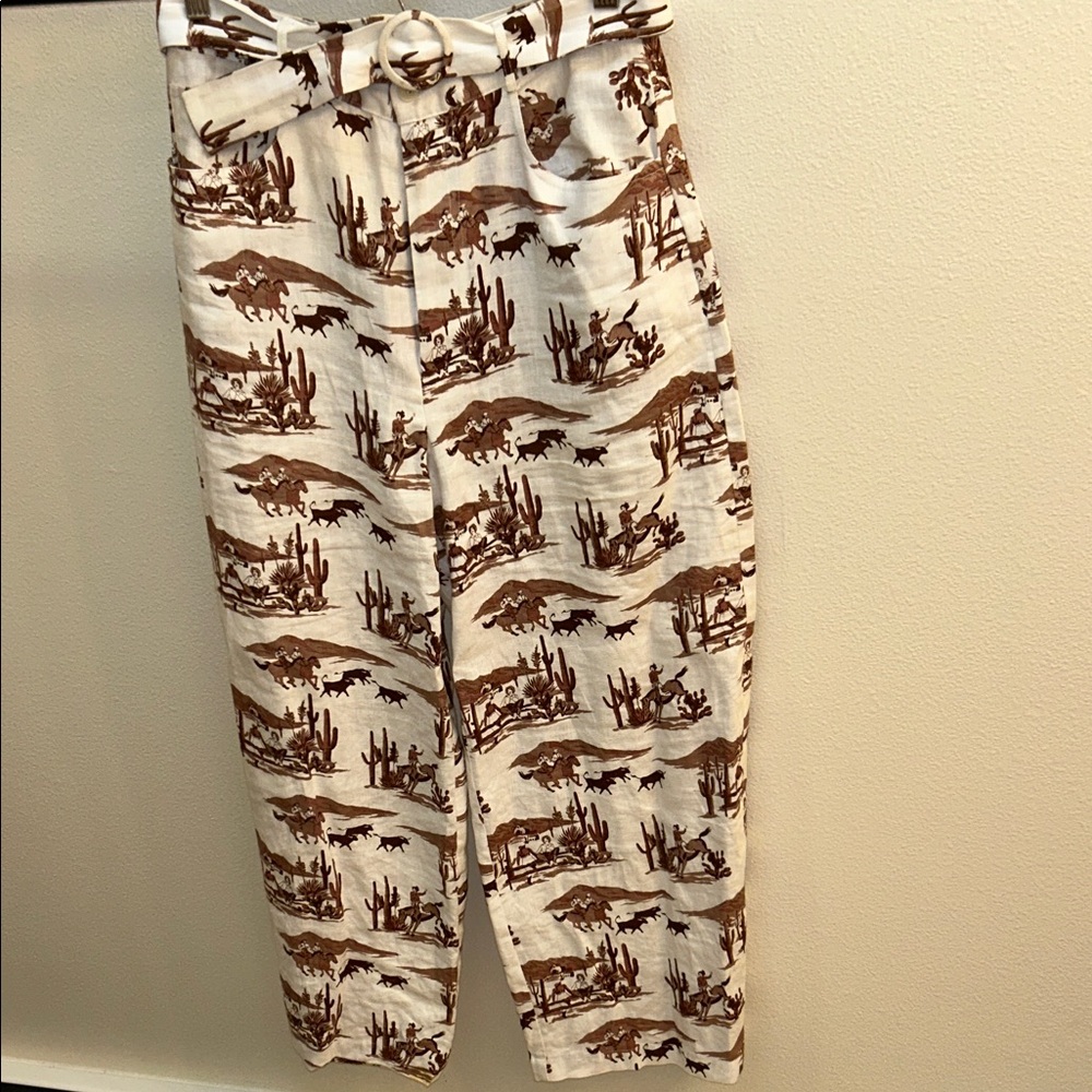 Reformation Cream and Brown Western Print Pants